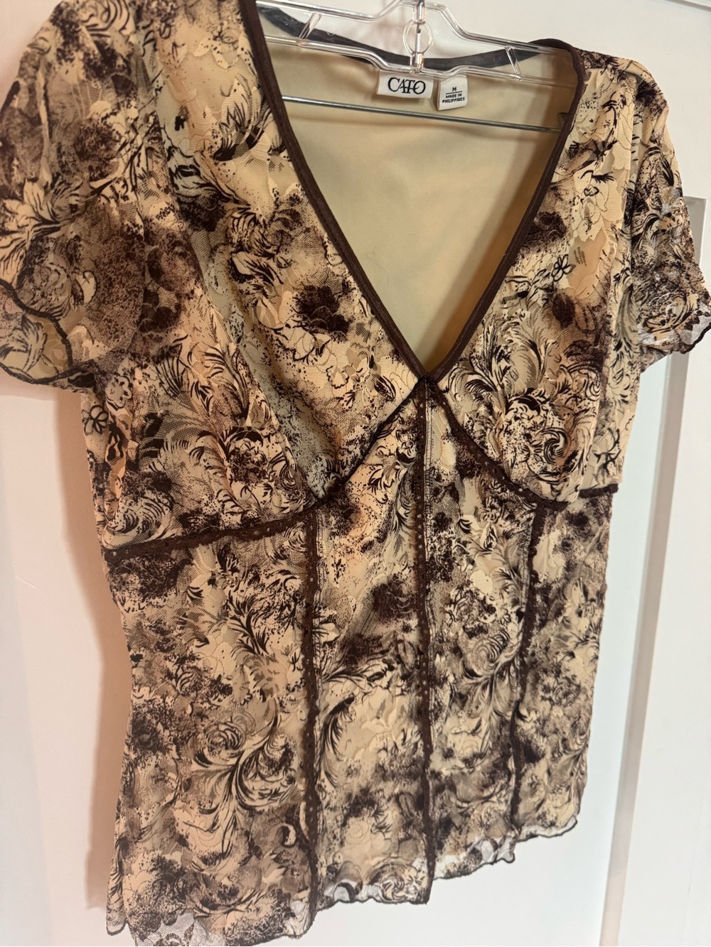 Cato Cream and Brown Floral V-Neck Blouse